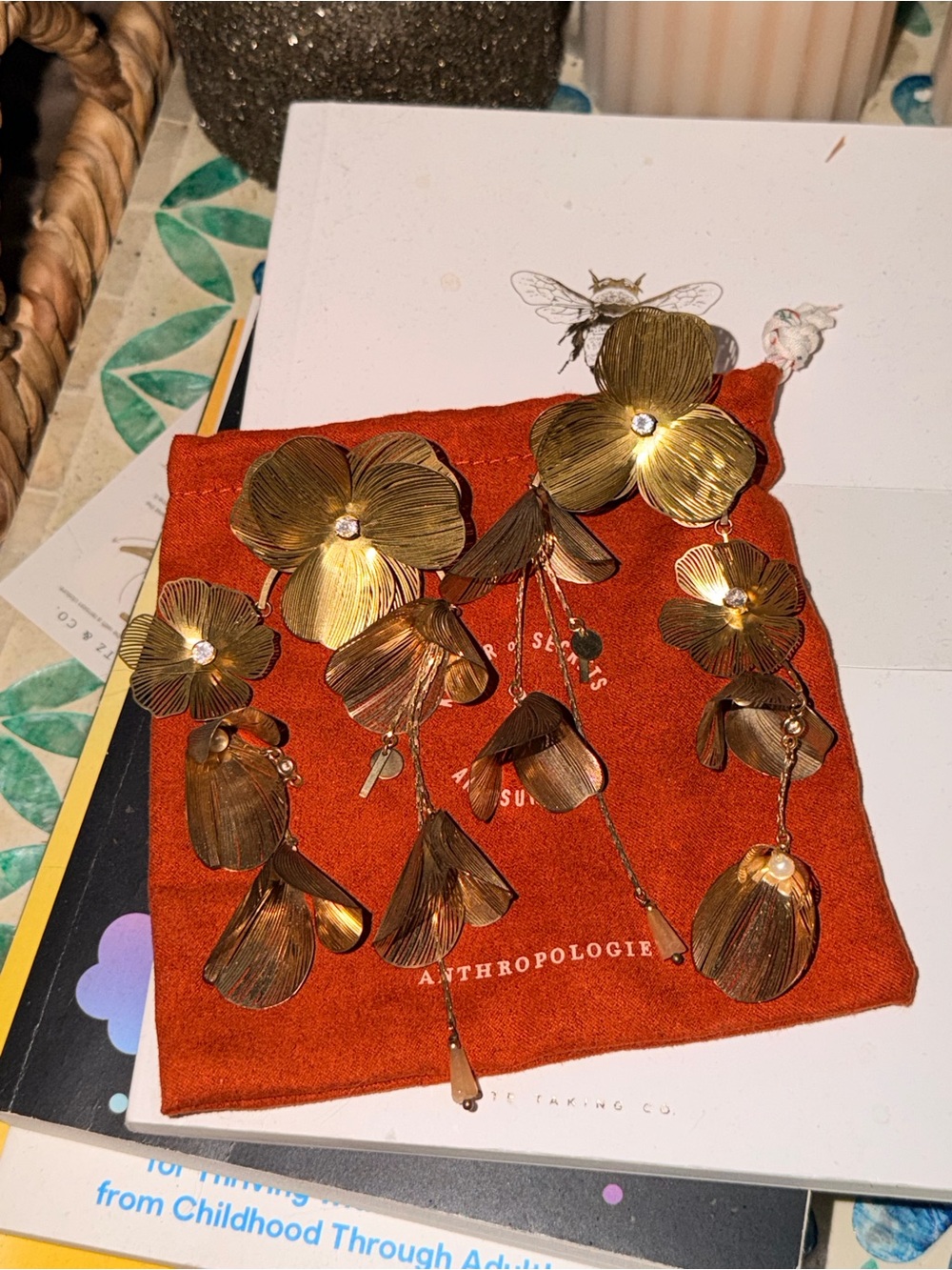 Anthropologie Brushed Gold Floral Cascade Earrings